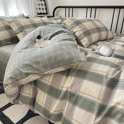 VM VOUGEMARKET Plaid Bedding Comforter Set King Green Grid Down Comforter with 2 Pillowcases,Modern Men Boy's Quilt Set