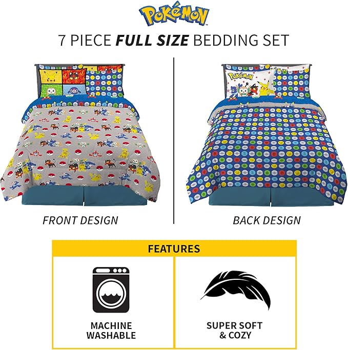 Pokemon Anime Kids Comforter and Sheet Set with Sham, 7 Piece Full Size, by Franco