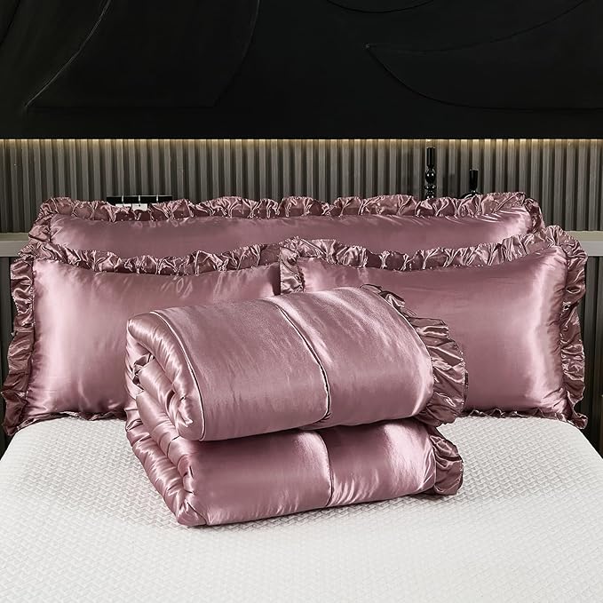 Blush Pink Queen Comforter Set Silk Like Satin Bedding Set 4 Pcs Hotel Soft Polyester Satin Bed Set Luxury Silky Body Pillow Cover Ruffle Down Comforter Home Decor
