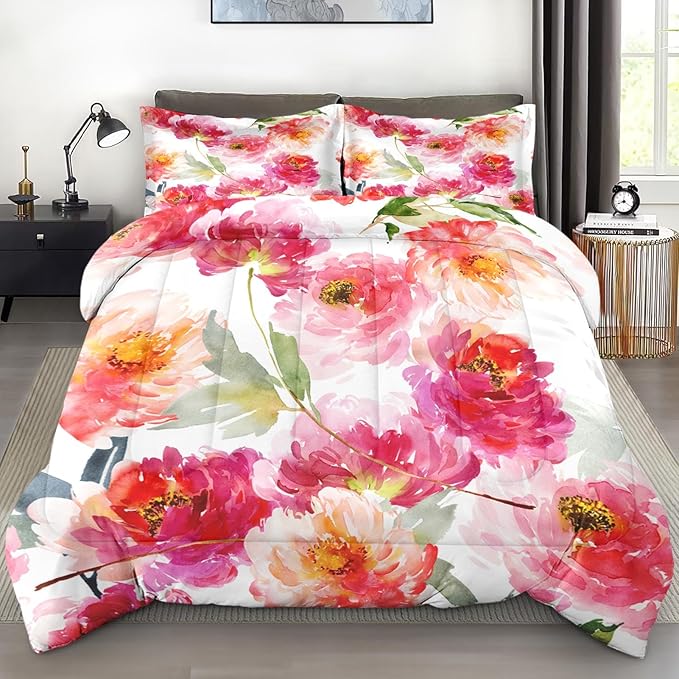 Comforter Set Queen Size, Summer Flower Peony 3 Pcs Soft Bedding Set for Kids and Adults, Floral Rose Pink Comforter Set with 2 Pillowcases, for Bedroom Bed Decor