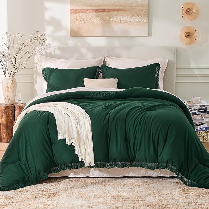 Andency Comforter Oversized King Dark Green 120x98, 3 Pieces Boho Winter Lightweight Bedding Comforter Sets, All Season Tassel Bed Set (1 Comforter & 2 Pillowcases)