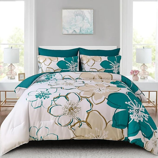 Anibedding 7Pieces Teal Grey Floral Comforter Set Queen Size, Soft Microfiber Grey Blue Bed in a Bag Comforter Set with Sheets for All Season