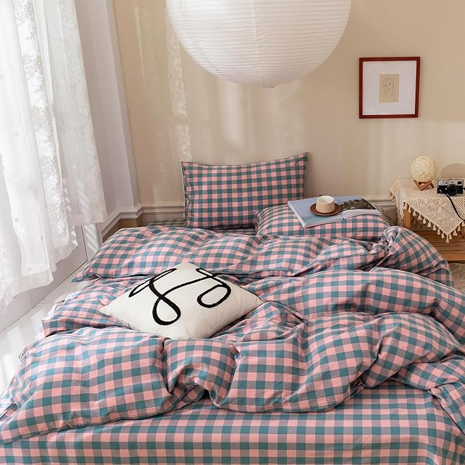 VM VOUGEMARKET Plaid Bedding Comforter Set King Pink Purple Blue Plaid Grid Down Comforter with 2 Pillowcases,Modern Women Girls Quilt Set