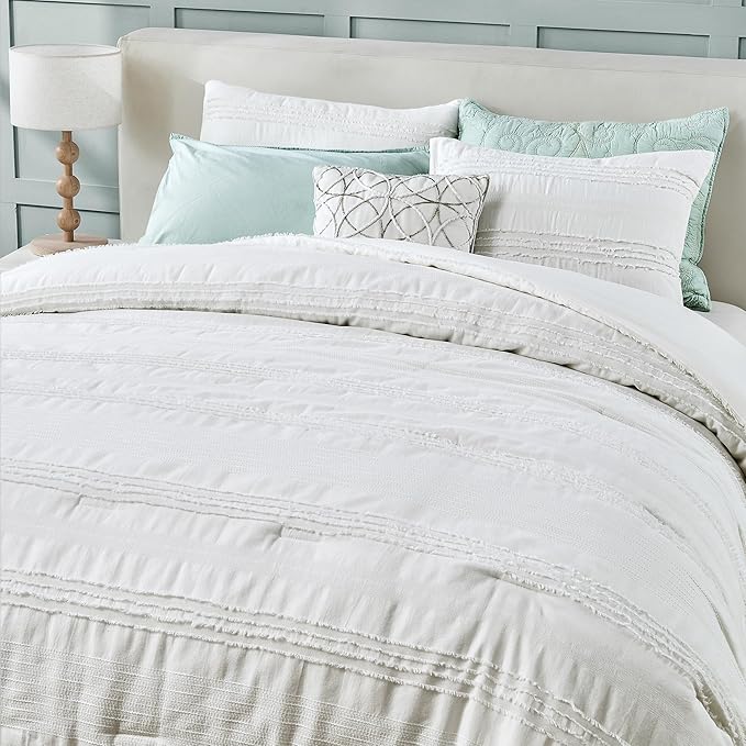 Wonderful White Comforter Set Queen, Clipped Jacquard Striped Cotton Lightweight Comforter with Pillow Shams, Fluffy Bedding Set for All Season