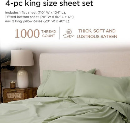 Threadmill Luxury Supima Cotton Sheets, 1000 Thread Count Soft 100% Cotton Sheets for King Size Bed, 4 Pc Sage Green King Bed Sheet Set, 5-Star Hotel Quality with Elasticized Deep Pocket King Sheet