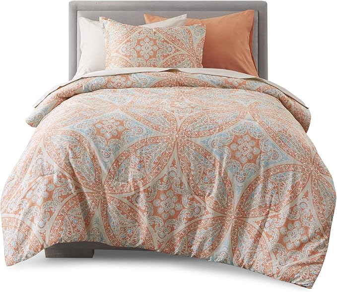 Comfort Spaces Bed in A Bag - Trendy Casual Design Cozy Comforter with Complete Sheet Set with Side Pocket, All Season Cover, Matching Shams, Twin(66"x90"), Gloria, Damask Coral 6 Piece