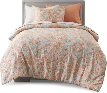 Comfort Spaces Bed in A Bag - Trendy Casual Design Cozy Comforter with Complete Sheet Set with Side Pocket, All Season Cover, Matching Shams, Twin(66"x90"), Gloria, Damask Coral 6 Piece