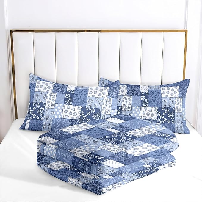 HighBuy Geometric Medallion Comforter Set Queen Size 3 Piece Dark Blue Patchwork Comforter with 2 Pillow Shams Hotel Quality Modern Fluffy Comforters Soft Boho Bedding Set for Queen Bed