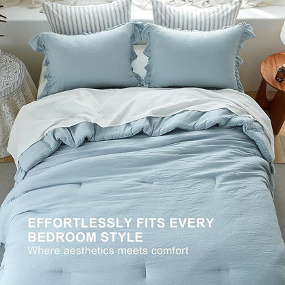 Blue Ruffle Comforter Set Twin, Pre-Washed Shabby Chic Bedding Set, Lightweight Cottagecore Soft Romantic Cozy 1 Comforter & 1 Sham, All-Season