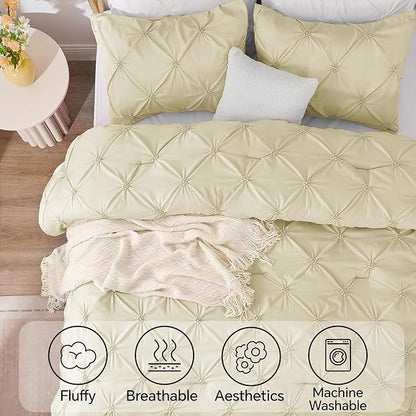 BEDELITE Beige Queen Comforter Set - 3 Pieces Boho Pintuck Bedding Comforter Sets, Lightweight Soft & Warm Bed Comforter Queen with 2 Pillowcases for All Season