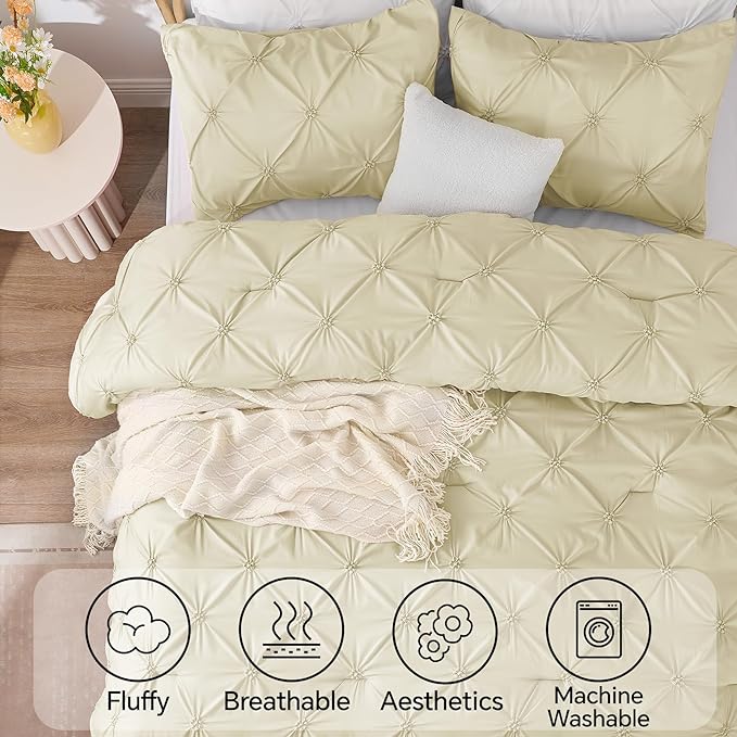 BEDELITE Beige Twin Comforter Set - 2 Peices Boho Pintuck Bedding Comforter Sets, Lightweight Soft & Warm Twin Bedding Sets with 1 Pillowcase for All Season