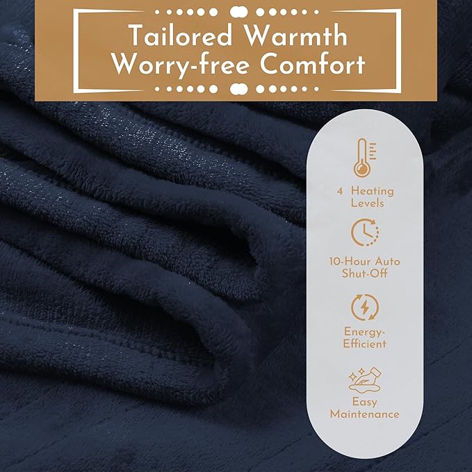 Electric Heated Blanket 62"x84" Twin Size Flannel Heated Blanket, Cozy & Warm for All Night, 4 Heat Settings & 10 Hours Auto Off, Machine Washable, Navy Blue