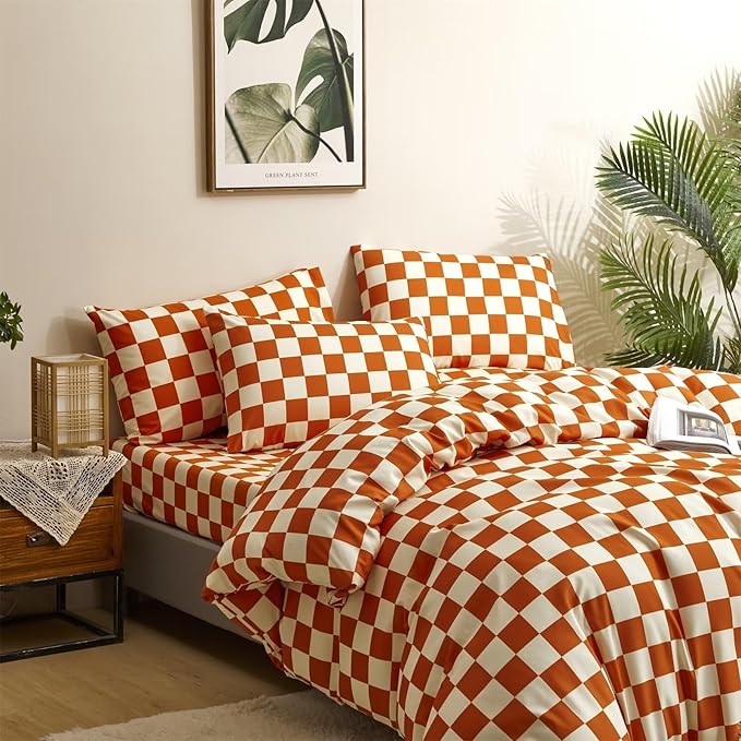 Houseri Burnt Orange Grid Comforter Set Full White and Rust Plaid Bedding Comforter Sets for Teen Girls Boys Terracotta Buffalo Plaid Comforter Full Rust Colored Gingham Comforter Bedding Full Size