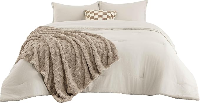 Bedsure Comforter Full Size 5 Pieces - Full Size Comforter Set with Checkered Throw Blanket and Decorative Pillow, Lightweiget Bedding, All Season Bedding Sets, Linen Beige