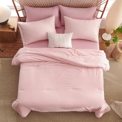 Nayoroom Gingham Comforter Set Queen Size Pink Plaid Checkered Comforter 3 Pieces Soft Lightweight Grid Dorm Bedding Set for All Seasons (1 Comforter, 2 Pillowcases)