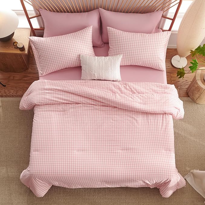 Nayoroom Pink Gingham Comforter Set Twin Size Plaid Checkered Dorm Bedding Set Girls 2 Pieces Soft Lightweight Grid Comforter for All Seasons (1 Comforter, 1 Pillowcase)