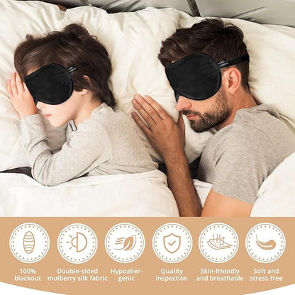 Silk Sleep Mask Eye Cover, 100% Real Natural Eye Mask for Sleeping with Adjustable Strap, 100% Silk Filling Blindfold, sleepmask for Kids/Teens/Adults, Sleeping Masks for Family (2 Black)