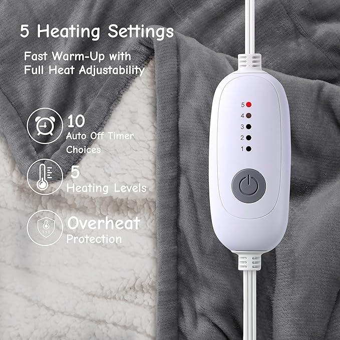 Electric Blanket Full Size 72"x84",Ultra-Soft Flannel Sherpa with 5 Heat Settings & a 10-Hour Adjustable Timer, Grey