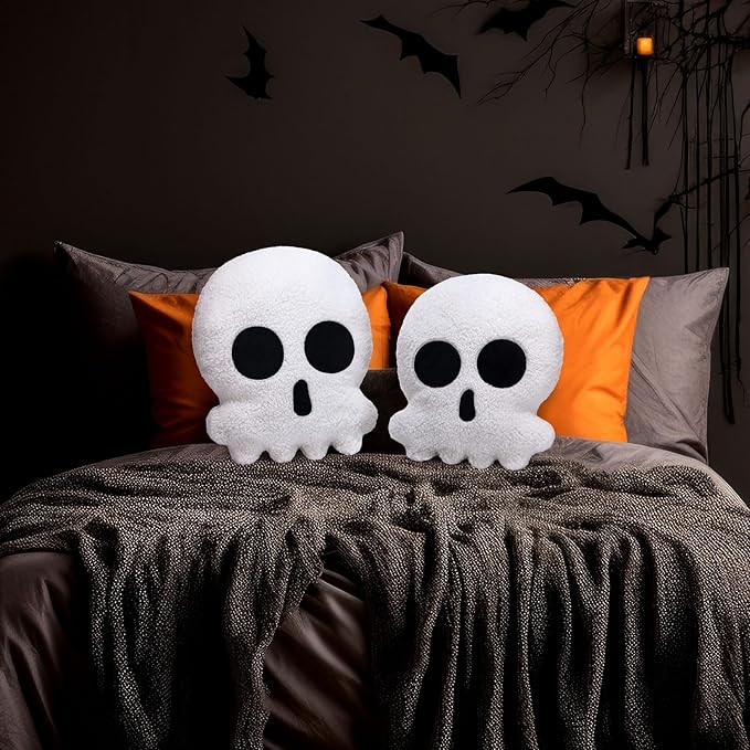 2 Pcs Skull Skeleton Pillows Decorative Skull Throw Pillows for Sofa Bed Couch Stuffed Gothic Party Outdoor Home Decorations Christmas Halloween Skeleton Decor Cushion (14 Inch and 12 Inch)