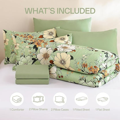 Xruibed Floral Comforter Set Queen Size 7 Pieces, Sage Green Bed in a Bag Flower Boho Comforter Set with Sheet, Pillowcases, Pillowshams, Soft Microfiber Bedding Set for All Season (Queen 90''x90'')