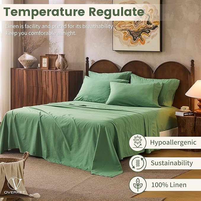100% Linen Sheets King Size,Breathable & Durable 4-Piece Bed Flax Sheet Set,Soft All-Season Bedding for Hot Sleepers 16" Deep Pocket Oeko-TEX Certified,（King, Sage Green）