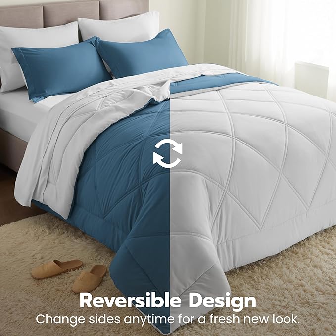 Joiedomi Queen Comforter Set with Sheets Blue, 7 Pieces Queen Bed Set with 1 Down Alternative Comforter, 1 Flat Sheet, 1 Fitted Sheet, 2 Pillowcases and 2 Pillow Shams, Bed in a Bag for All Seasons