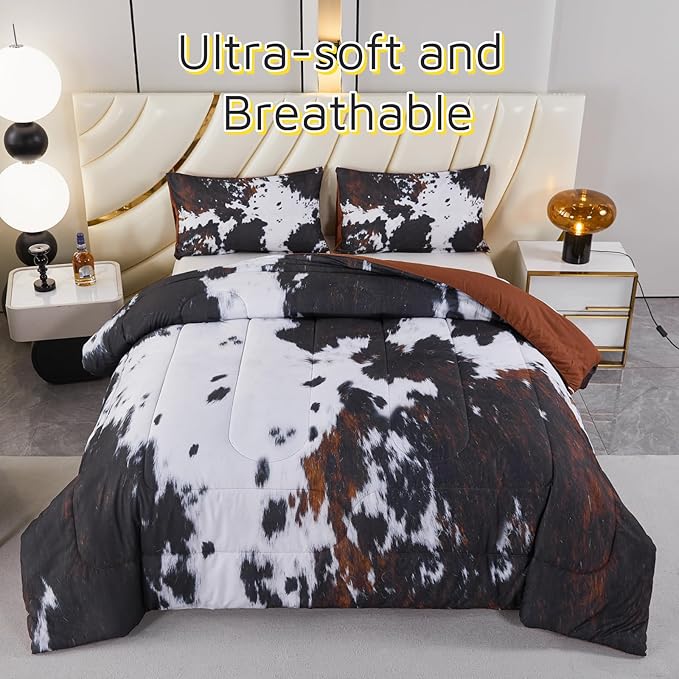 PERFEMET Black King Size Comforter Set 3 Pieces Cow Print Bedding Set Western Farmhouse Rustic Bed Comforter Animal Cowhide Quilt Set for Bedroom Decoration