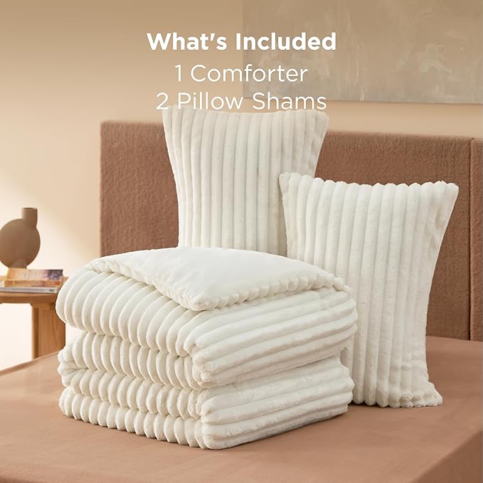 Bedsure Comforter Full Size - GentleSoft™ 3 Pieces Fluffy Double-Side Fleece Comforter Set, Cozy Striped Room Decor Aesthetic, Luxury White Full Size Bedding with 2 Pillowcases, 82x86 Inches