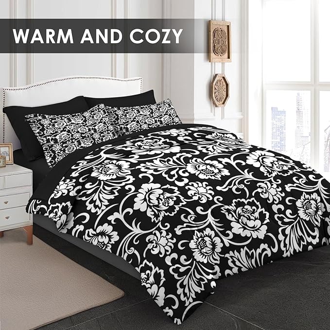 Comforter Set King Size, Vintage Floral Flower 7 Pcs Bedding for Kids and Adults, Leaf Plant Black Bed Sheet Sets with Fitted Sheet 2 Pillowcases & 2 Shams for Bedroom Bed Decor