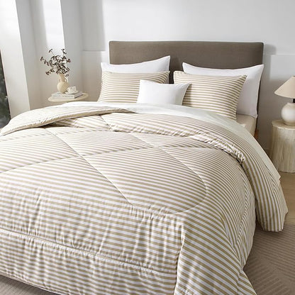 mixinni Tan Striped Comforter Set Twin XL Size - Beige Stripes Pattern Bed Set for All Season, 3 Pieces Lightweight Bedding Comforter Sets for All Seasons (1 Soft Fluffy Comforter + 2 Pillowcases)
