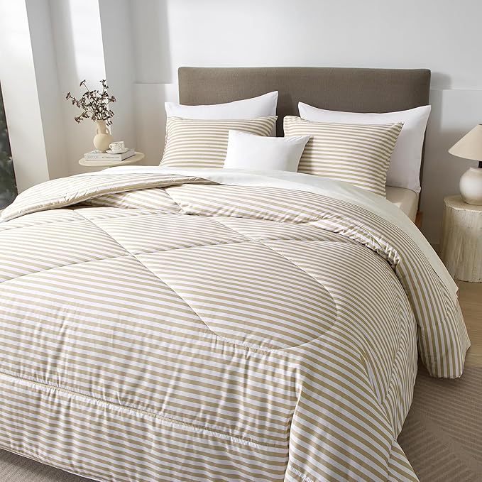 mixinni Tan Striped Comforter Set Queen Size - Beige Stripes Pattern Bed Set for All Season, 3 Pieces Lightweight Bedding Comforter Sets for All Seasons (1 Soft Fluffy Comforter + 2 Pillowcases)