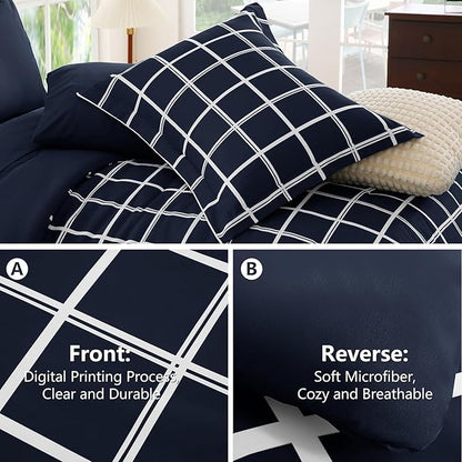 CozyLux Queen Comforter Set with Sheets - 7 Pieces Plaid Bed in a Bag Set Navy Blue, Queen Bedding Sets Bed Set with All Season Quilted Comforter, Flat Sheet, Fitted Sheet, Pillowcases & Pillow Shams