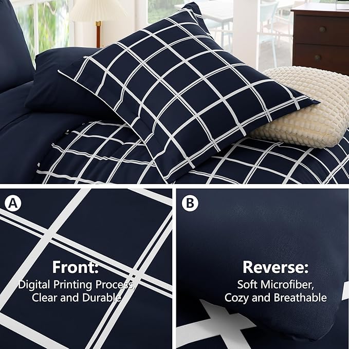 CozyLux King Size Comforter Set Navy Blue - 7 Pieces Plaid Bed in a Bag Set, Soft Bed Set King Bedding Sets with All Season Quilted Comforter, Flat Sheet, Fitted Sheet, Pillowcases & Pillow Shams