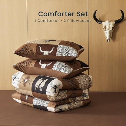 Wake In Cloud - Western Comforter Set, Southwestern Aztec Country Horse Cowboy Rustic Ranch Pattern Printed, Soft Lightweight Bedding, 3 Pieces, Tan Brown, Full Size