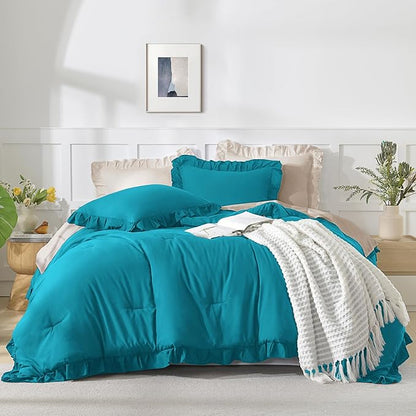 Andency California King Comforter Set Turquoise (104x96Inch), 3 Pieces Cal King Ruffle Comforter, Oversized Farmhouse Shabby Chic Bed Comforter, Lightweight and Soft Microfiber Bedding Set