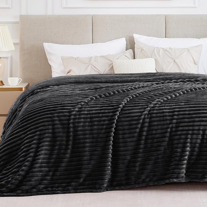 BEDELITE King Size Blanket for Bed, 300GSM Soft & Warm Fleece Blanket, Decorative and Giftable Striped Black Blankets for Women, Men, 108"x90"