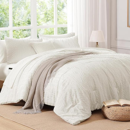 King Size Comforter Set White, Tufted Boho Bedding Farmhouse Bed Set, All Season 7 Pieces Bed in a Bag with Sheets, Pillowcases & Shams
