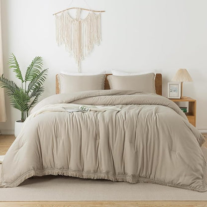 Andency Oatmeal Comforter Set King Size, 3 Pieces Boho Tassel Lightweight Bedding Comforter Sets for King Bed, All Season Soft Fluffy Fringe Bed Set (104x90In Comforter & 2 Pillowcases)