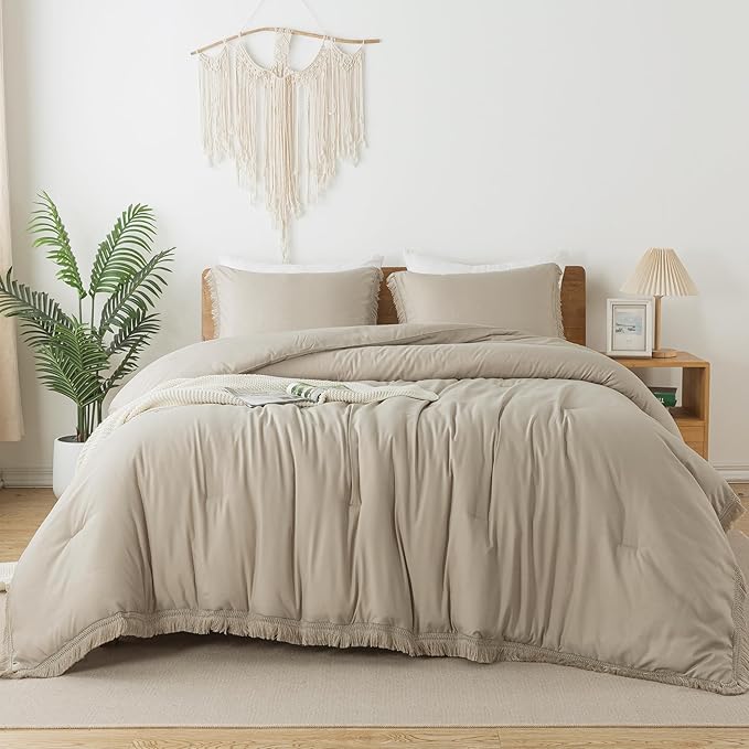 Andency Oatmeal Comforter Set Twin Size, 2 Pieces Boho Tassel Lightweight Bedding Comforter Sets, All Season Soft Fluffy Fringe Bed Set (66x90In Comforter & 1 Pillowcase)