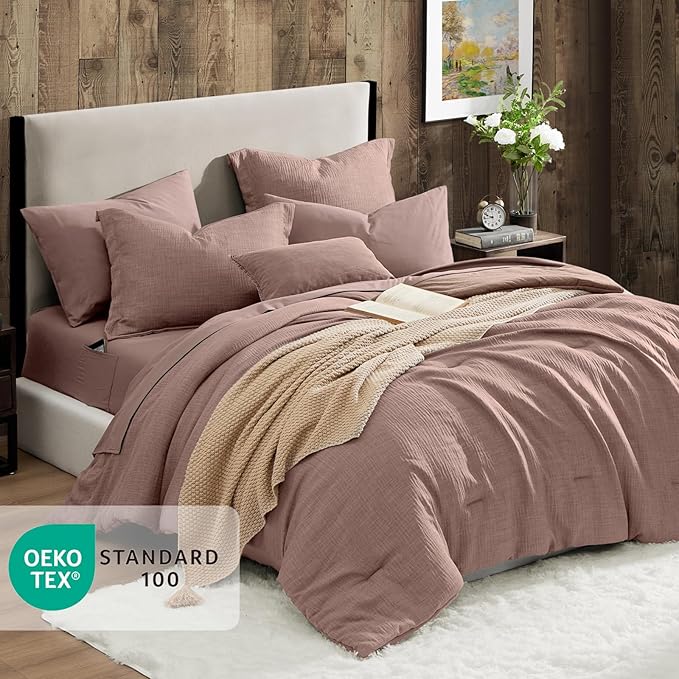 Geniospin King Size Comforter Set- 7 Piece Misty Rose Textured King Bedding Set, Soft Solid Bed in a Bag for All Season, King Comforter Set with Sheets(Misty Rose,102''x90'')