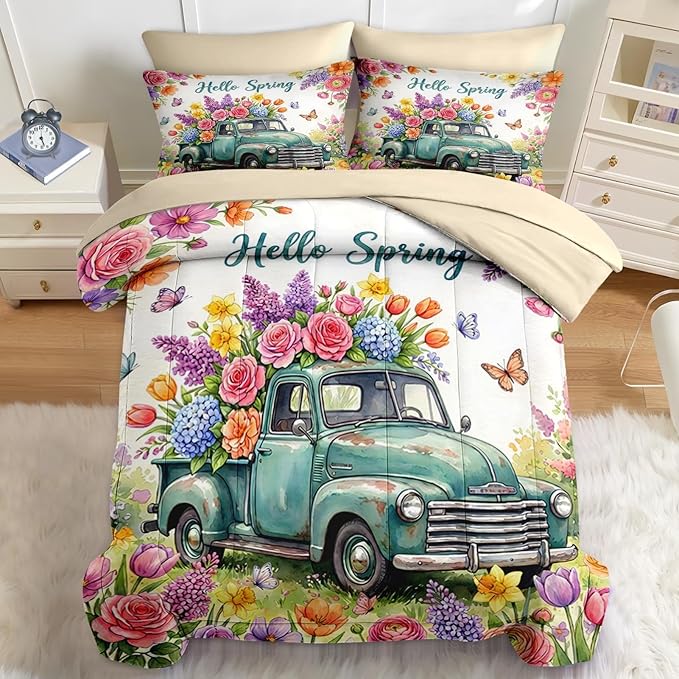 Nesker 7 Pcs Spring Comforter Set Full Size, Truck Flowers Butterfly Farmhouse Roses Bedding Set for Kids and Adults, Truck Bed Sheet Sets with Fitted Sheet 2 Pillowcases & 2 Shams