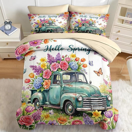 Nesker 5 Pcs Spring Comforter Set Twin Size, Truck Flowers Butterfly Farmhouse Roses Bedding Set for Kids and Adults, Truck Bed Sheet Sets with Fitted Sheet Pillowcase & Sham