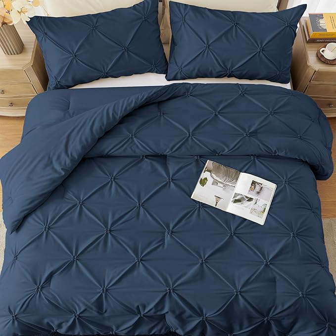 UNIKOME Queen Comforter Set Navy/Royal Blue - Ultra Soft Boho Pintuck Down Alternative Bedding Set for All Seasons, 3 Pieces Lightweight Warm Pinch Pleat Bed Set with Comforter, 2 Pillowcases