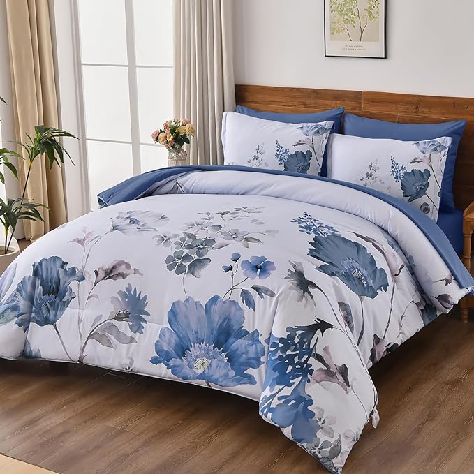 DJY Floral Queen Comforter Set - 7 Pieces Blue Floral Bed in a Bag with Flower Leaves Pattern, Soft Microfiber Botanical Comforter and Sheet Set, All Season Bedding Set (90''x90'')