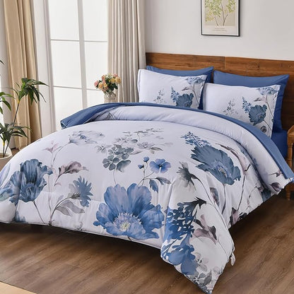 DJY Floral King Comforter Set - 7 Pieces Blue Floral Bed in a Bag with Flower Leaves Pattern, Soft Microfiber Botanical Comforter and Sheet Set, All Season Bedding Set (104''x90'')