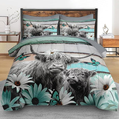 Comforter Set Twin Size, Highland Cow Bull 5 Pcs Bedding for Kids and Adults, Flower Daisy Retro Bed Sheet Sets with Fitted Sheet Pillowcases & Shams for Bedroom Bed Decor