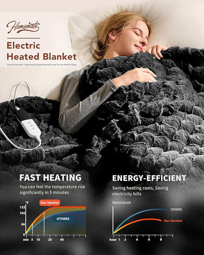 Homemate Heated Blanket Electric Throw - 50"x60" Heating Blanket Throw 4 Hours Auto-Off 10 Heat Levels Over-Heat Protection Luxury 800 GSM Faux Fur 200 GSM Sherpa ETL Certification