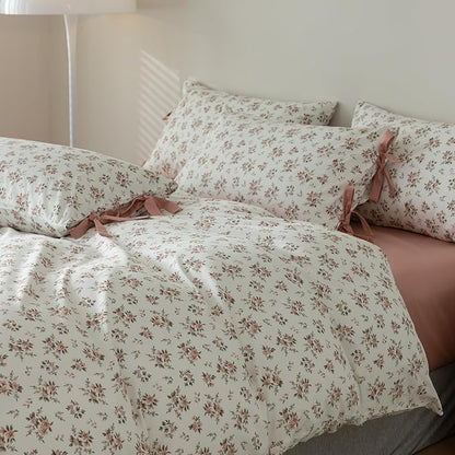 mixinni 3pcs Boho Floral Comforter Set Twin/Twin XL Size, Garden Style Pink White Flower Leaves Bedding Comforter Sets for Women, 1 Soft Aesthetic Comforter and 2 Bow tie Pillowcases for All Seasons