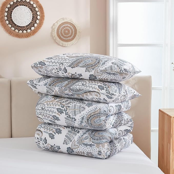 Grey Blue Paisley Comforter Set Queen Size 3 Pieces 100% Cotton Boho Paisley Pattern Bedding Set All Season Soft Cotton Lightweight Reversible Comforter
