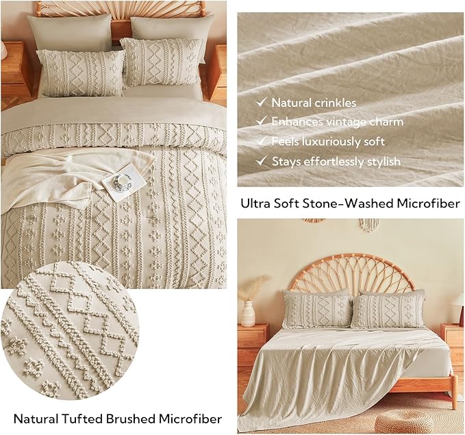 MR&HM Tufted Boho Comforter Set King Size, Linen Farmhouse Bedding Set, Bed in a Bag Set 7 Pieces with 1 Comforter, 2 Pillow Shams, 2 Pillowcases, 1 Flat Sheet, 1 Fitted Sheet for All Seasons